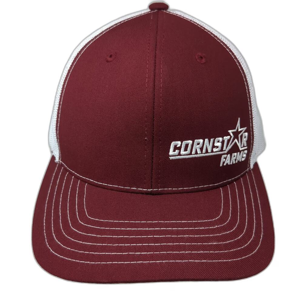 Farm Focused Trucker Hat Red White One Size Cornstar Farms Mesh Snapback Stitch
